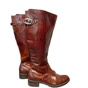 Franco Sarto L-Tribute Brown Leather Crocodile Embossed Tall Boots Women's 7.5